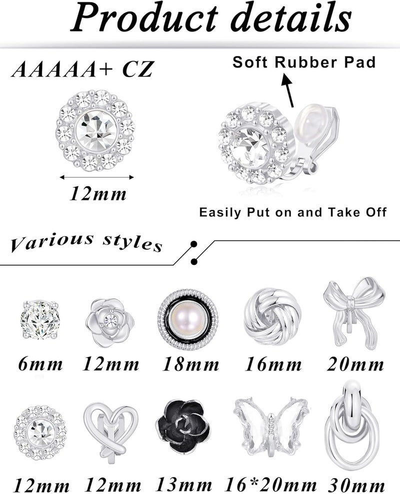 Tornito 10-15 Pairs Clip on Stud Earrings Non Pierced Teardrop Round Square CZ Pearl Twist Knot Flower Butterfly Heart Star Rainbow Cat Opal Clip on Earrings for Women - Image 2